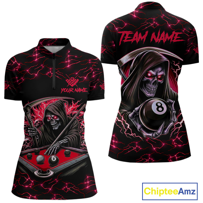 Red Funny Grim Reaper 8 Ball Pool Women Billiard Shirts Custom Name Lightning Billiard Jerseys TDM2159