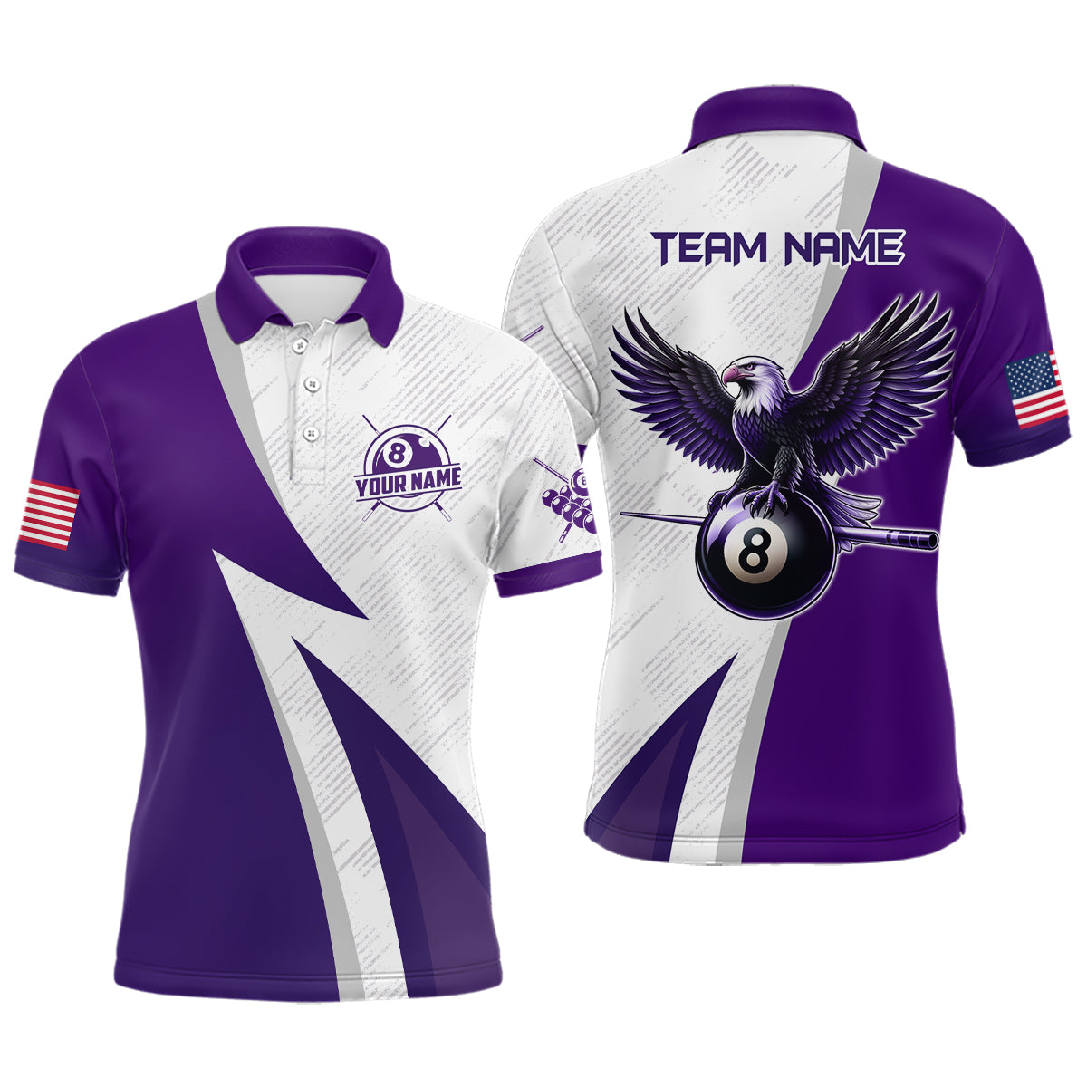 Personalized Purple Billiards Pool Men Polo Shirts, 8 Ball Pool Eagle Billiard Jerseys For Team TDM1069