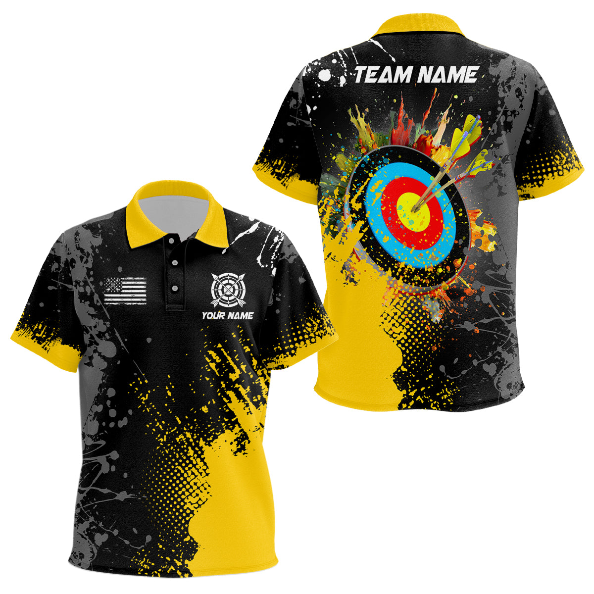 Personalized Paint Yellow 3D Target Archery Polo Shirts For Kid Custom Name Archery Jerseys Attire TDM1191