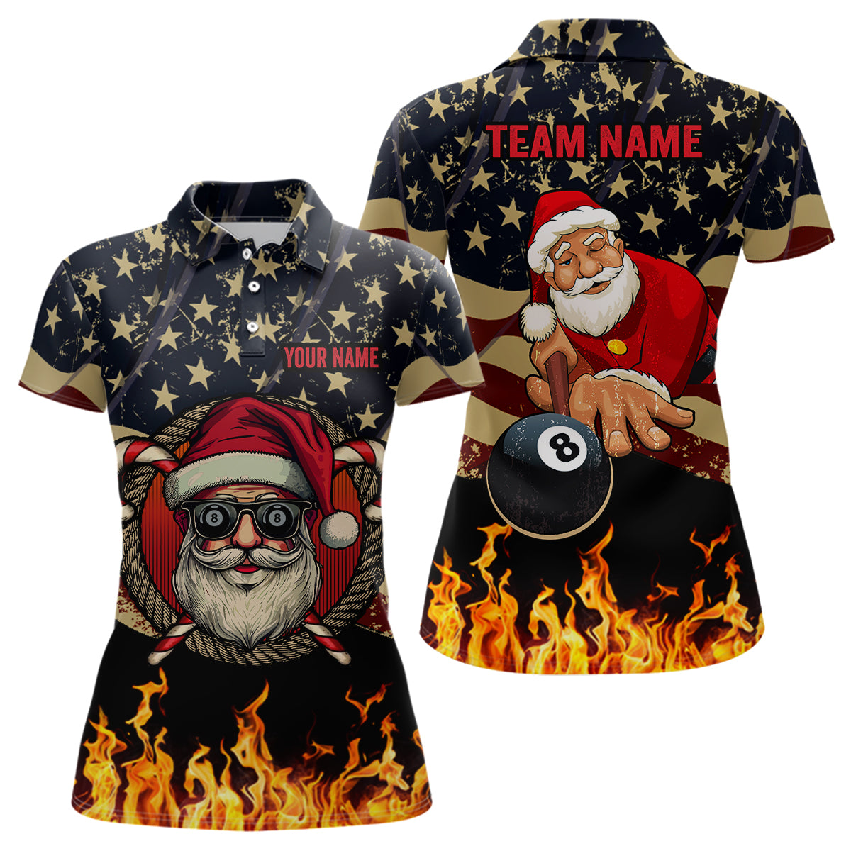 Funny Christmas Santa And Billiard USA Flag Fire Custom Women Polo Shirts Patriotic Christmas Shirts TDM0538