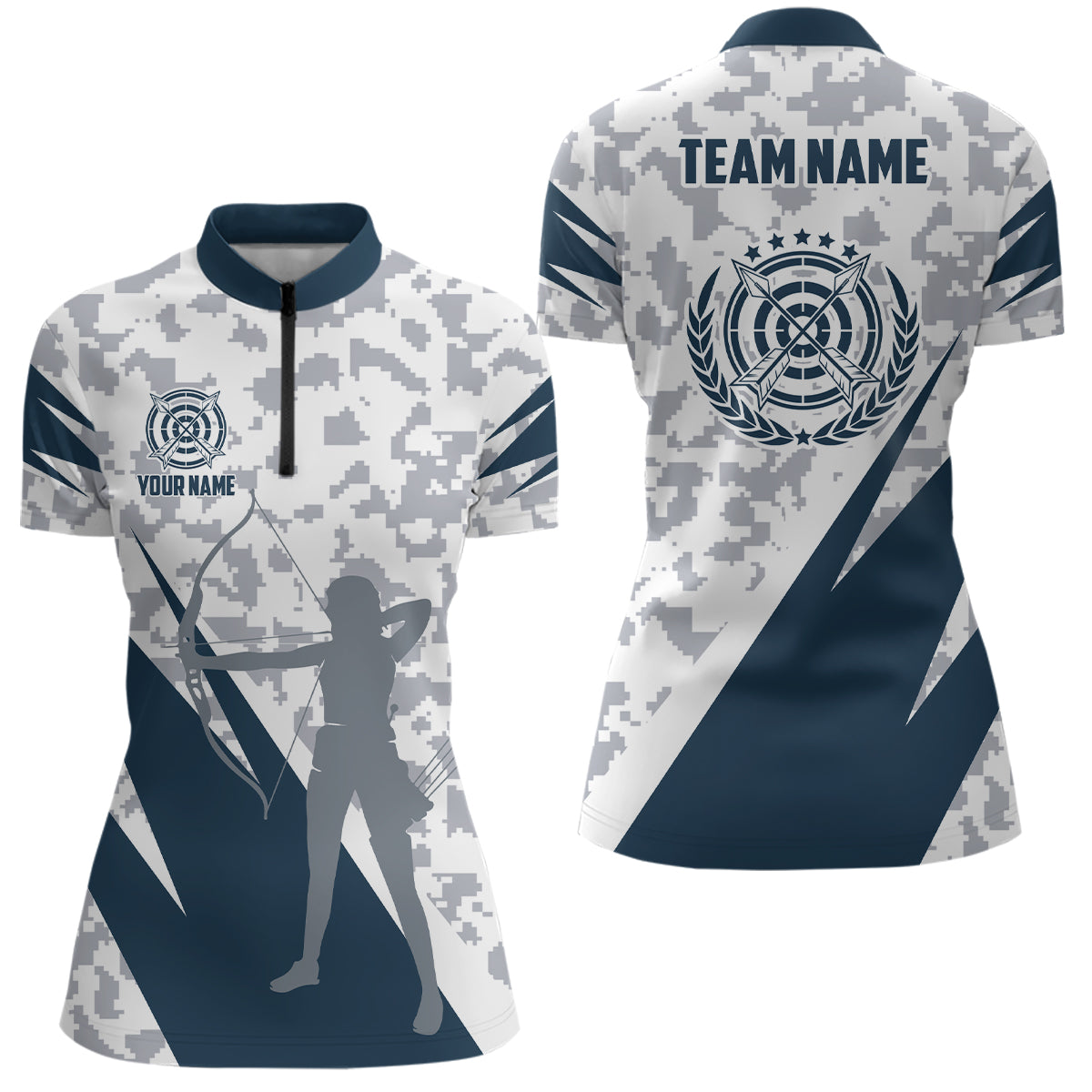 Blue Grey Digital Camo Archery Women Quarter-Zip Shirts Custom Team Name Archery Jerseys TDM0541