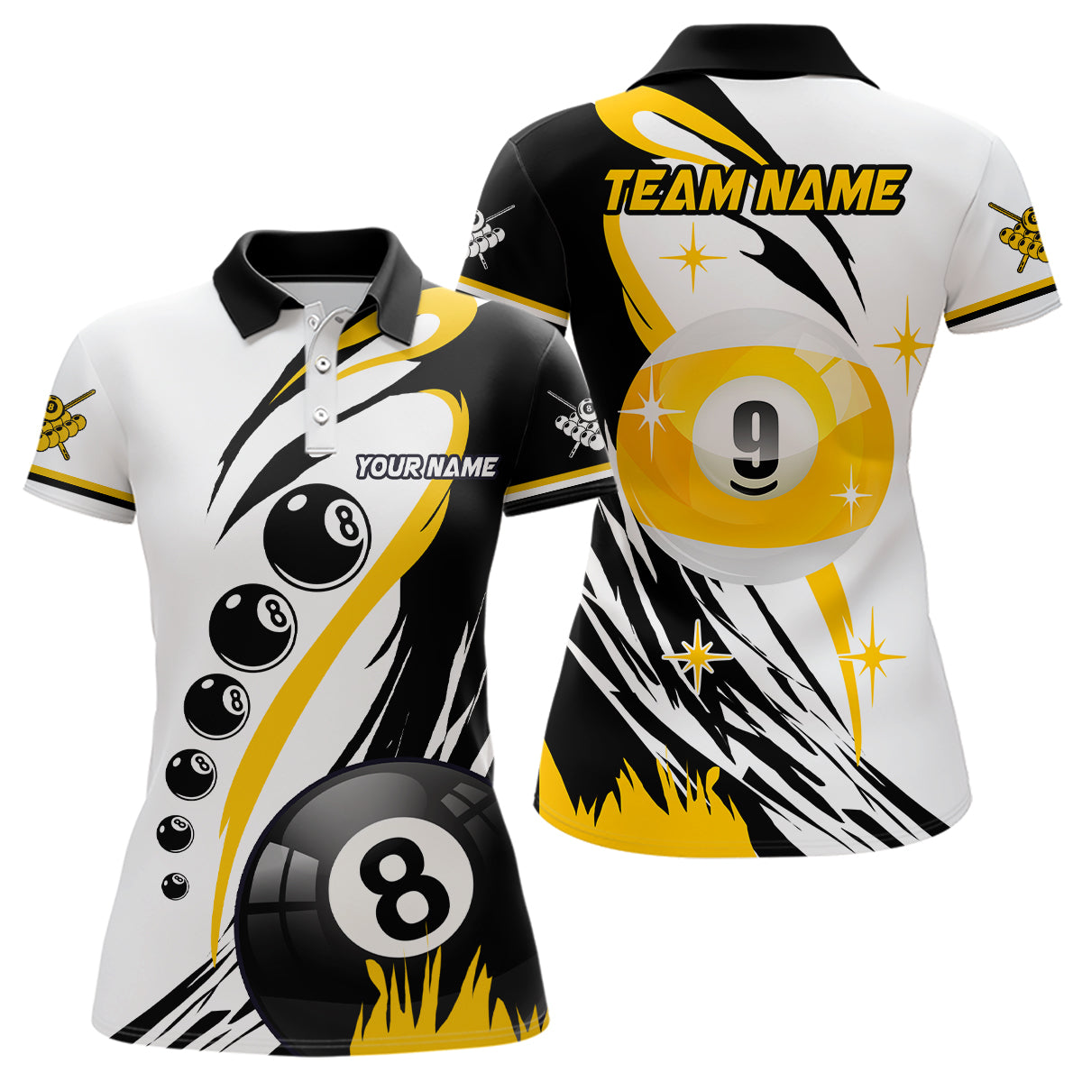 Personalized Billiard 8 Ball & 9 Ball Women Polo Shirts, Custom Team Name Billiard Attire Jerseys TDM1229