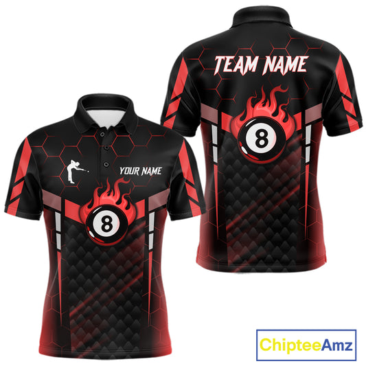 Personalized Red 8 Ball Flame Billiard Polo & Quarter Zip For Men, 8 Ball Pool Team Jersey TDM5732