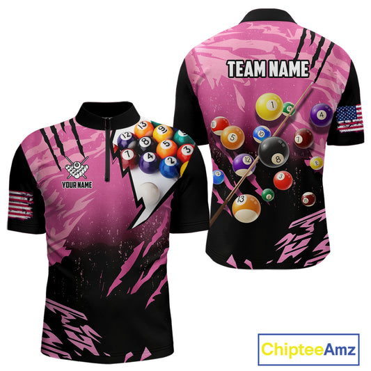 Personalized Pink Black Billiard Shirt For Men Custom 8 Ball Pool Billiard Jersey Polo & 1/4 Zip TDM5472