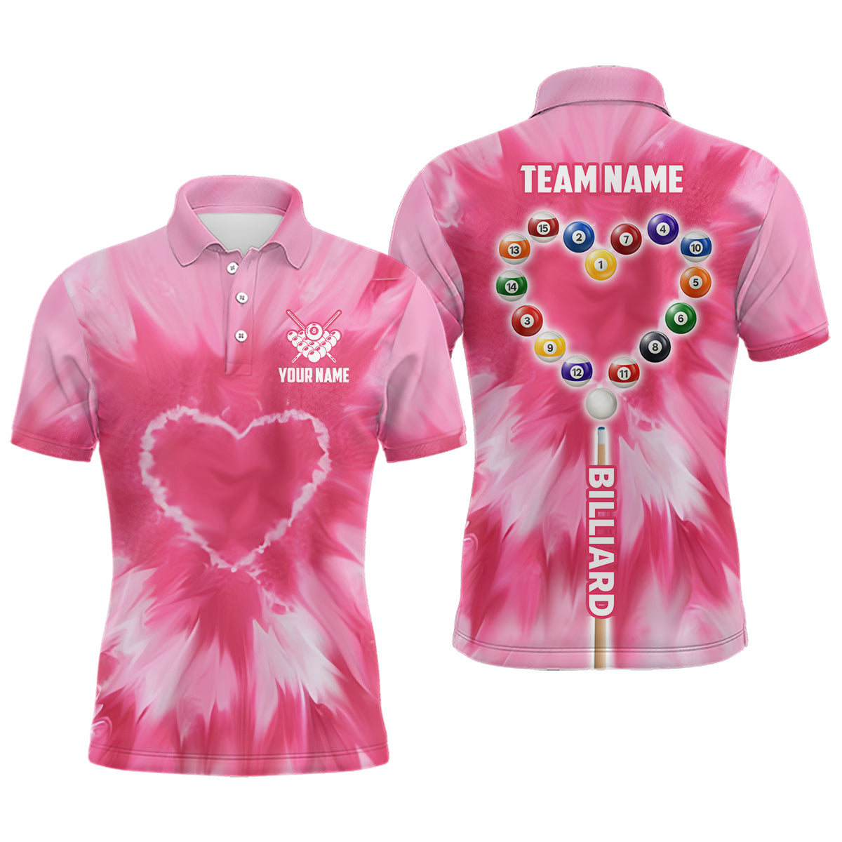 Personalized Pink Tie Dye With Heart Billiard Men Polo Shirts, Billiard Valentines Day Shirts Gifts TDM0924