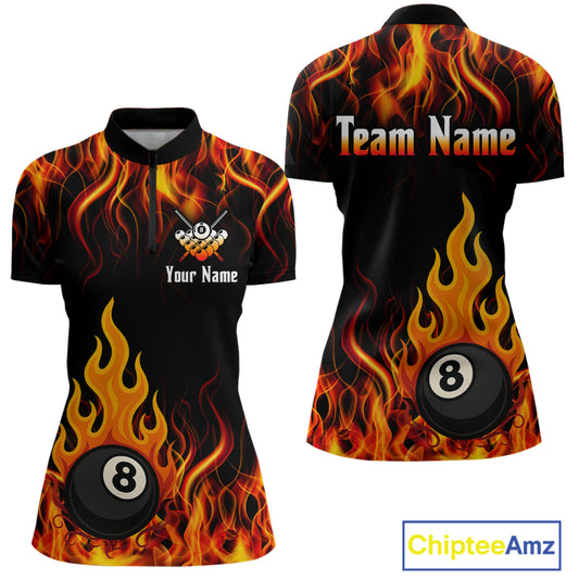 Orange 8 Ball Flame Fire Billiard Shirts For Women Custom Polo & 1/4 Zip Billiard Team Jerseys TDM4012