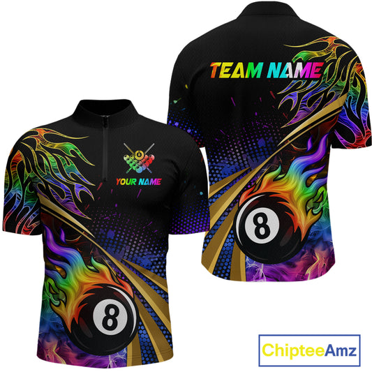 Personalized Colorful Flame 8 Ball Billiard Shirt For Men Custom Pool Team Jerseys Polo & 1/4 Zip TDM4214