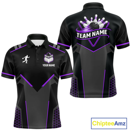 Personalized Bowling Jersey For Men, Custom Black And Purple Bowling Team Shirt Polo & 1/4 Zip TDM6547