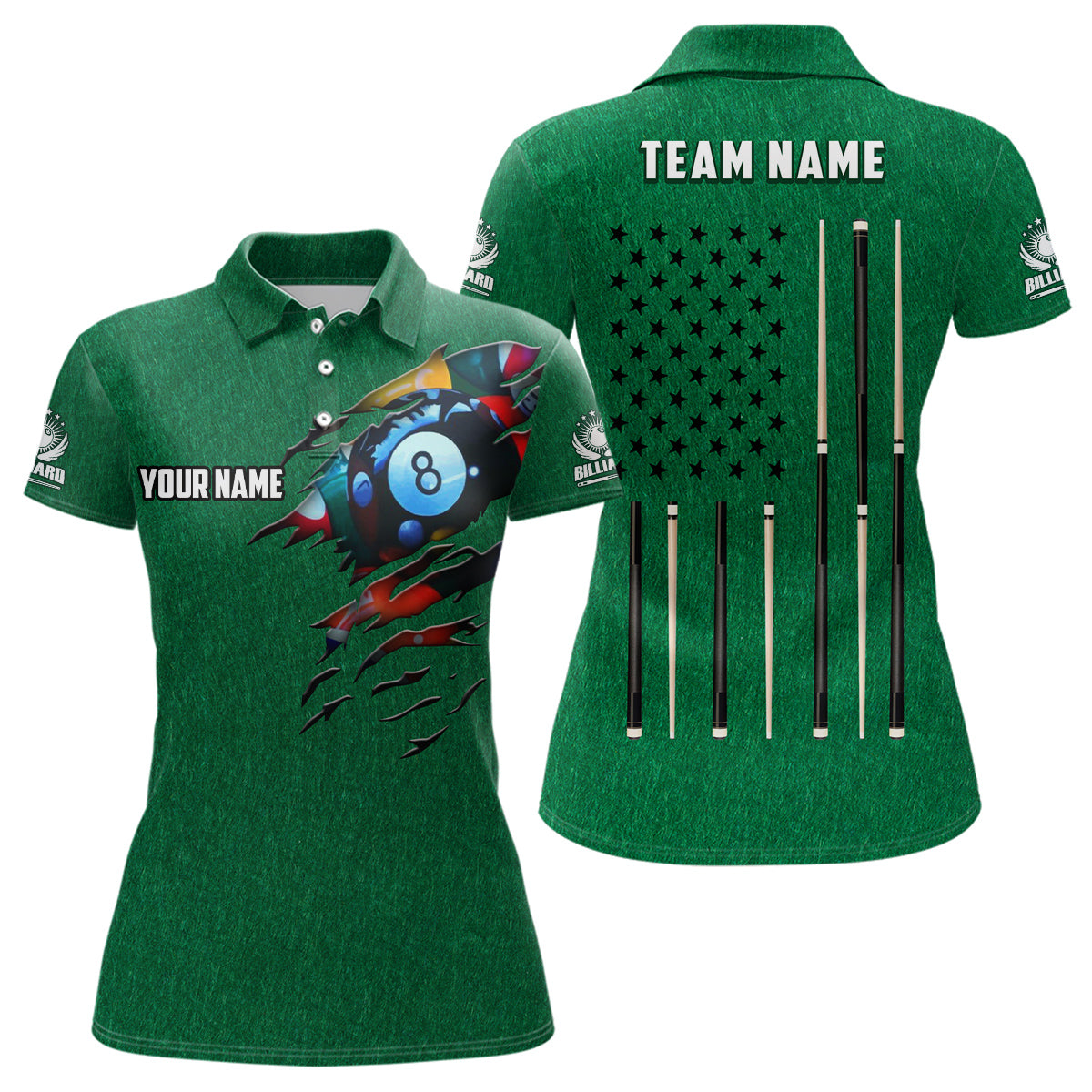 Customized Billiard Green American Flag Polo Shirts For Women, Custom 8 Ball Unique Billiard Shirts TDM0140