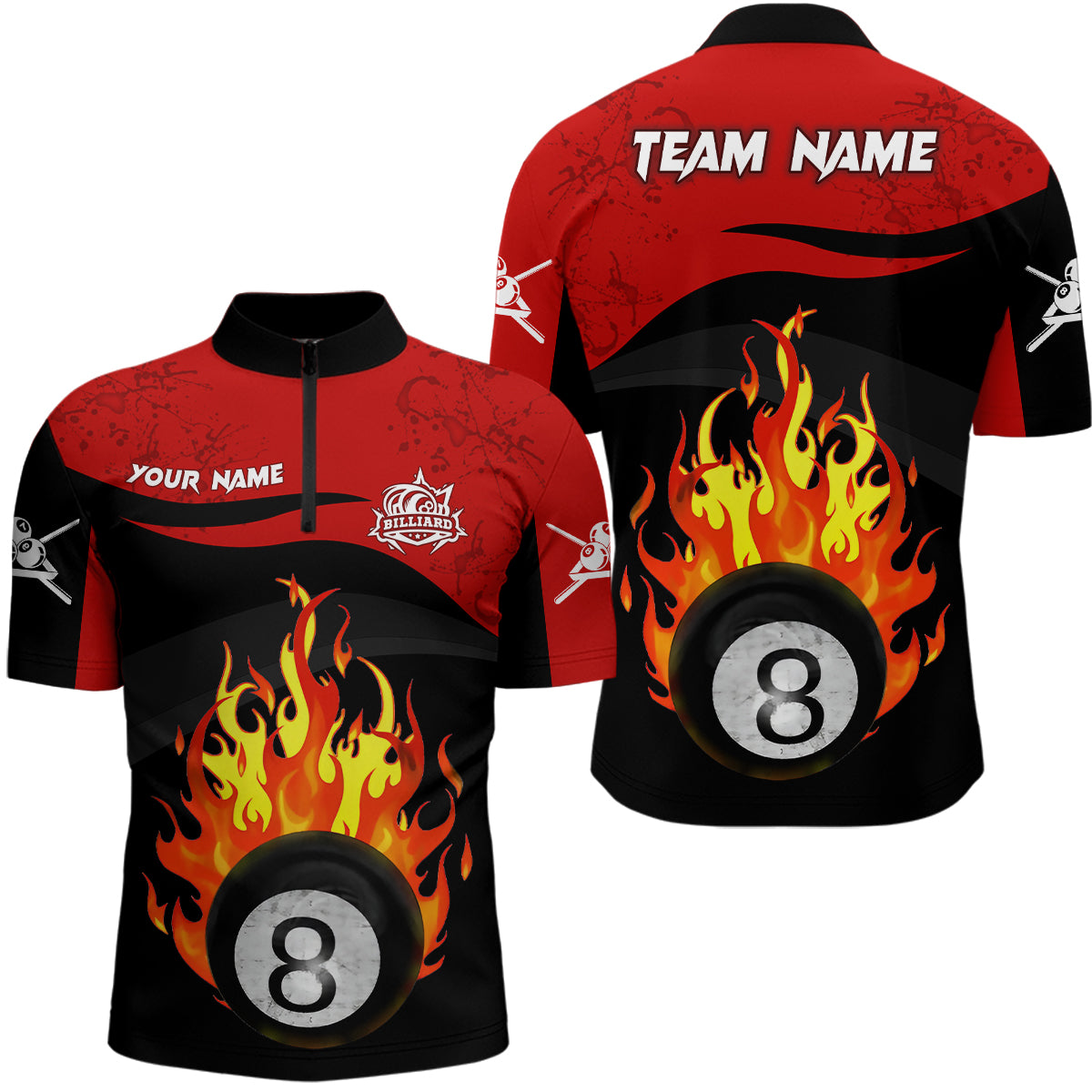 Personalized 8 Ball Pool Flame Black Red Quarter-Zip Shirts For Men Best Billiard Attire TDM0398