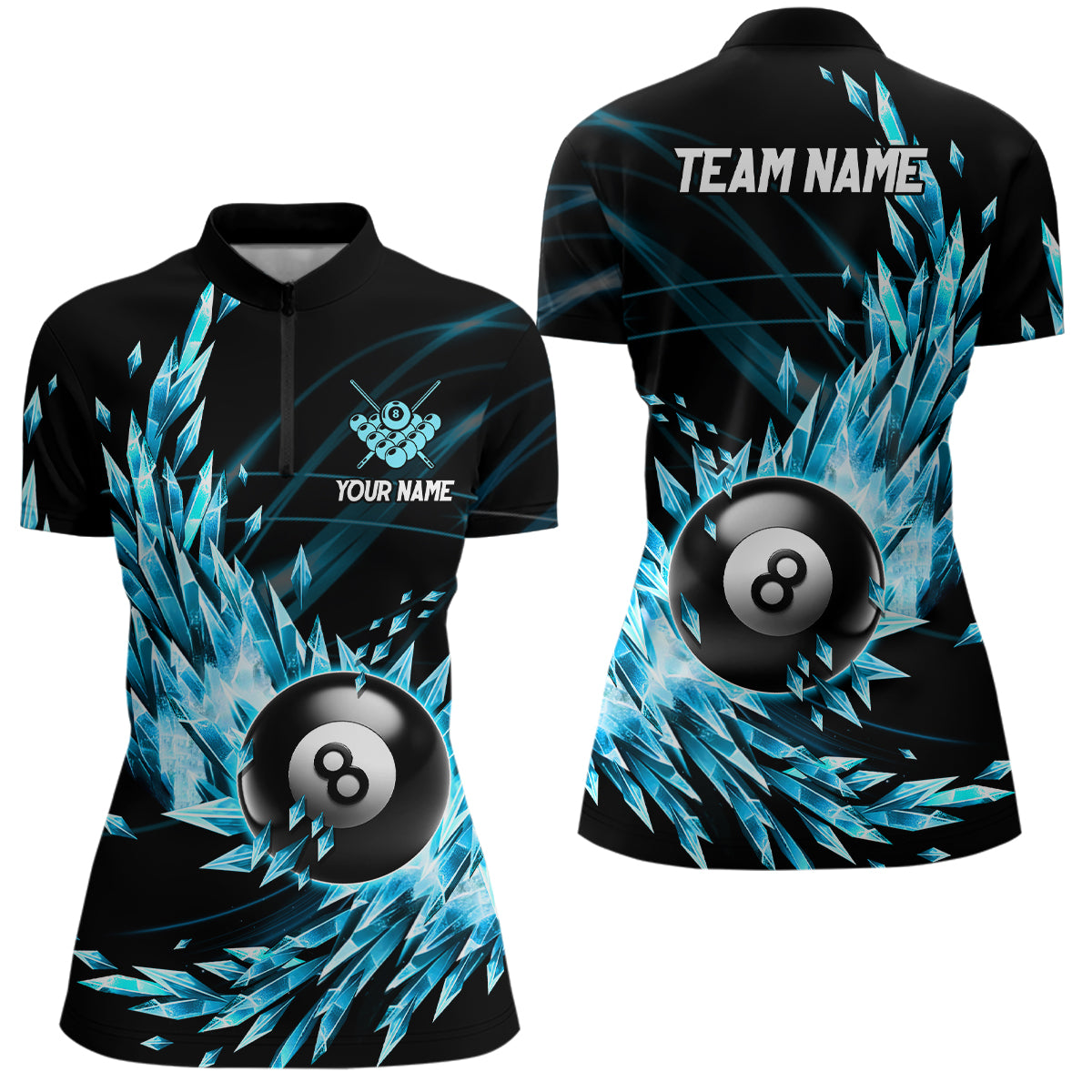 3D Blue Frozen Ice Women Billiard Quarter-Zip Shirts Custom 8 Ball Billiard Attire Jerseys TDM1119