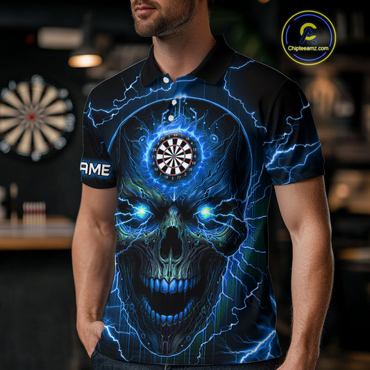 Personalized Blue Darts Skull Men Polo Shirts Custom Lightning Thunder Team League Darts Jersey TDM1511