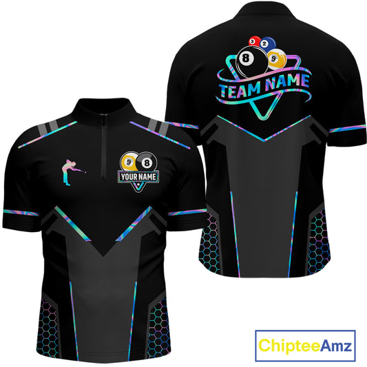 Personalized Holographic Billiard 8 Ball & 9 Ball Pool Polo, 1/4 Zip For Men, Billiard Team Jersey TDM4253