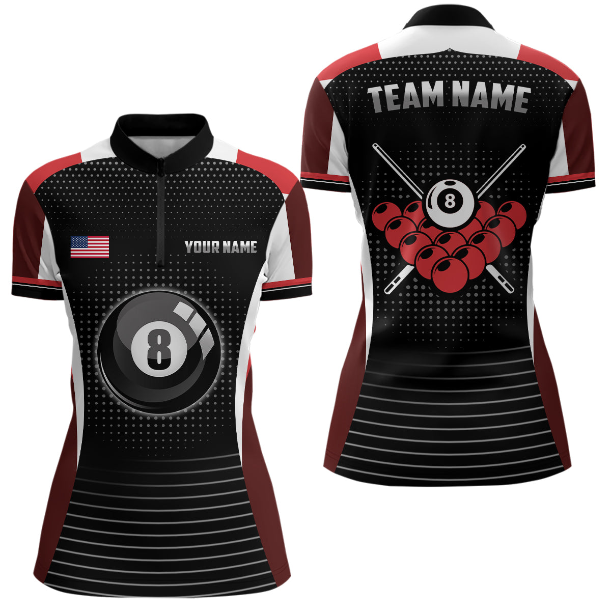 Custom Black Red Billiard Jerseys Women Quarter-Zip Shirts Personalized 8 Ball Pool Shirts TDM0423