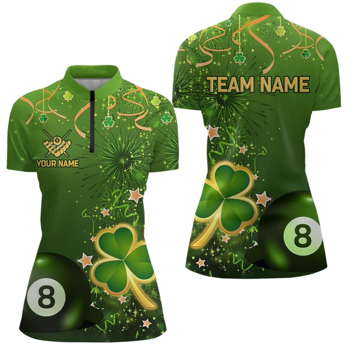 8 Ball Pool Luckiest Shamrock Women Quarter-Zip Shirt Custom St Patrick Day Billiard Shirts TDM1147