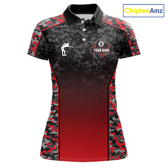 Red Camo 8 Ball Billiard Shirt For Women Custom Pool Team Shirt, Billiard Jersey Polo & 1/4 Zip TDM6200