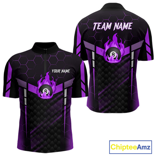 Personalized Purple 8 Ball Flame Billiard Shirt For Men Custom Billiard Team Jersey Polo & 1/4 Zip TDM5585