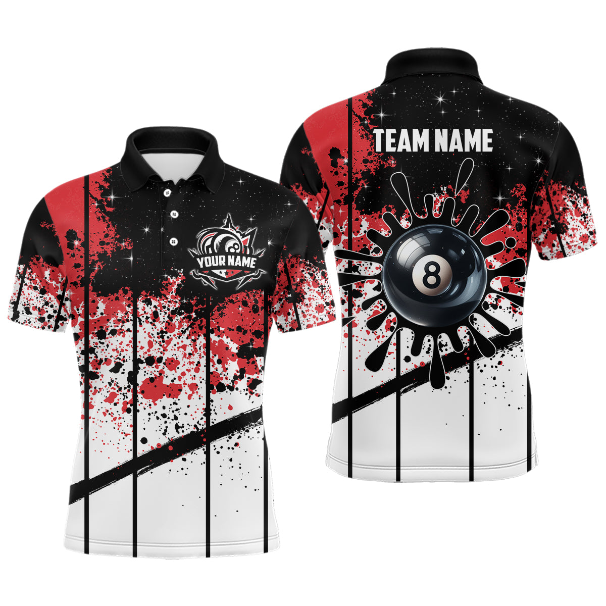 Personalized Billiard 8 Ball Grunge Style Men Polo Shirts, 8 Ball Pool Billiard Attire Jerseys TDM1158