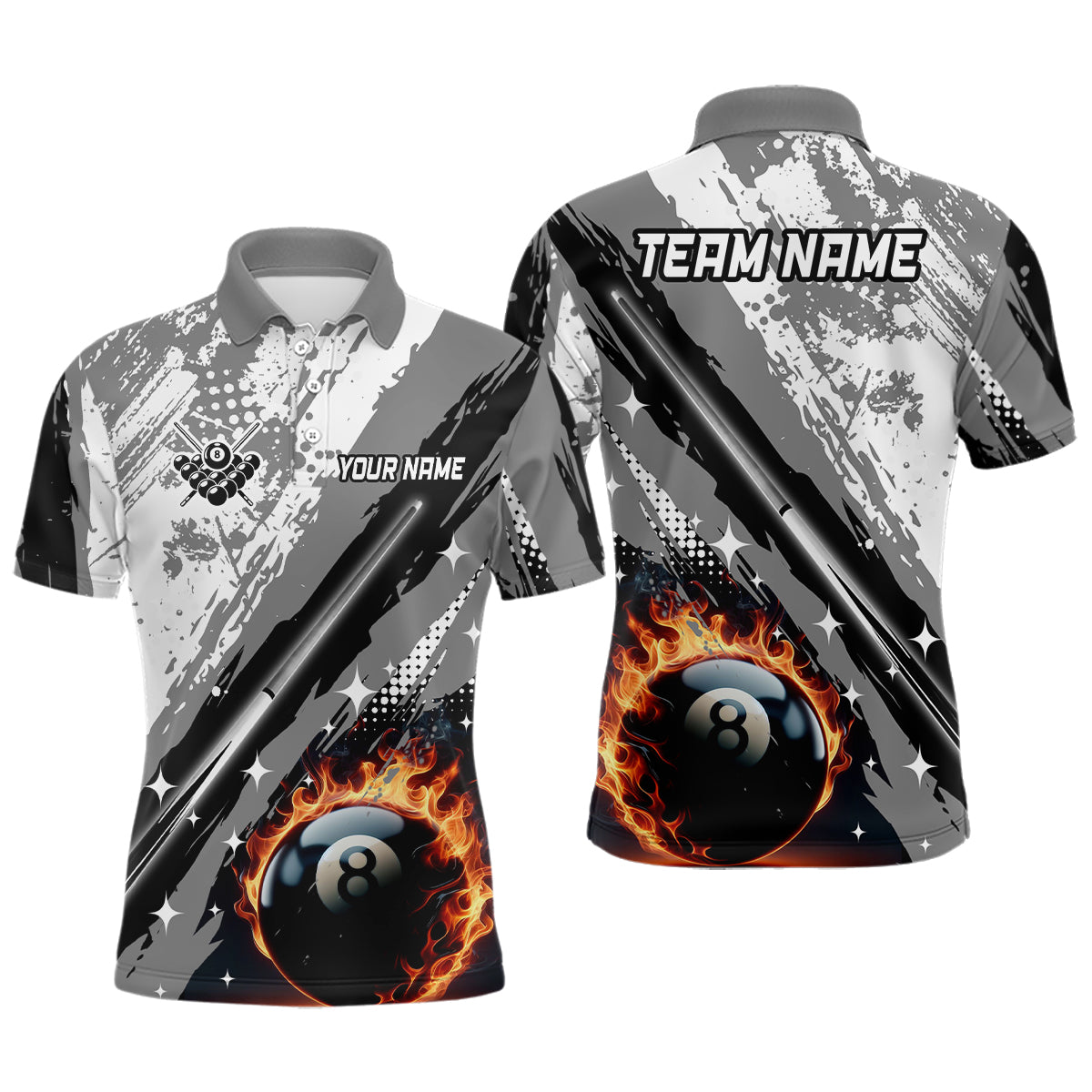 Personalized Billiard 8 Ball Pool Grunge Style Men Polo Shirts, Best Billiard Jerseys |Grey TDM1042