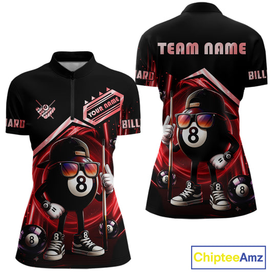 Red Funny 8 Ball Billiard Shirt For Women Custom Pool Team Shirt, Billiard Jersey Polo & 1/4 Zip TDM5645