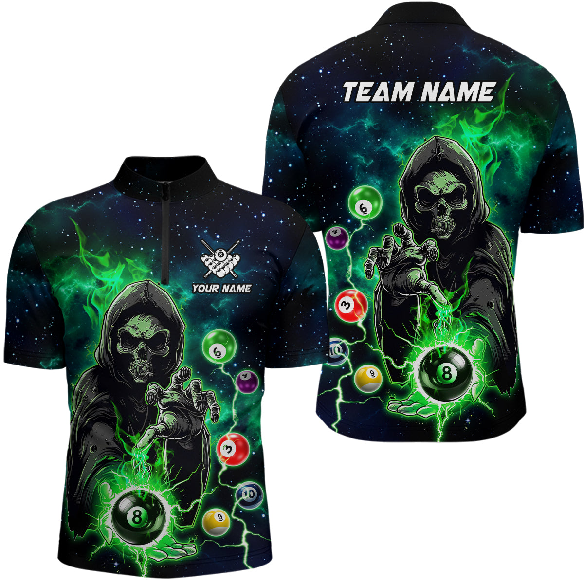 Green Billiard Grim Reaper Men Polo & Quarter-Zip Shirts Customized Team League Billiard Jerseys TDM1752