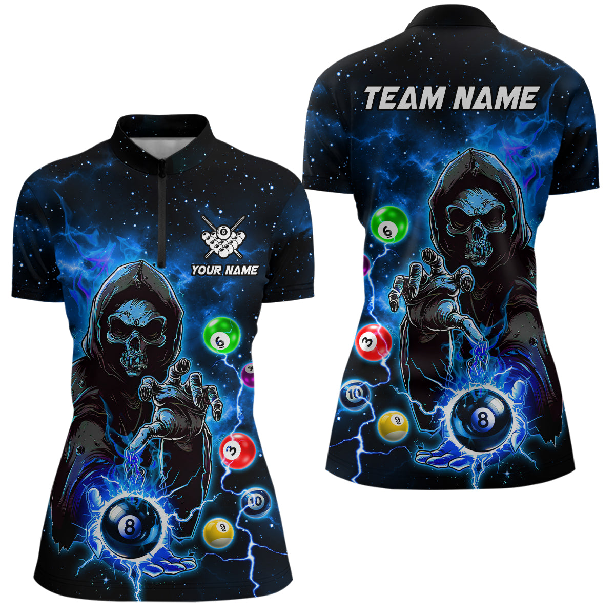 Blue Billiard Grim Reaper Women Polo & Quarter-Zip Shirts Customized Team League Billiard Jerseys TDM1749