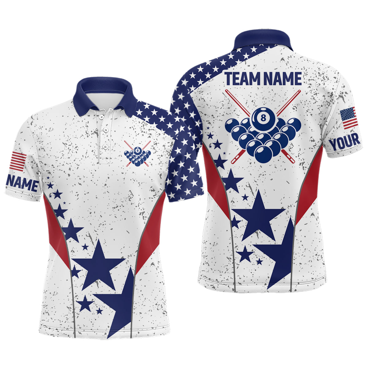 Personalized Vintage USA Flag Billiard Polo Shirts For Men, Custom Patriotic 8 Ball Billiard Jersey TDM0496