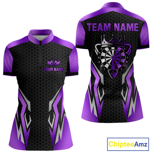 Black And Purple Funny Crown Darts Shirt For Women Custom Darts Jerseys Team Polo & Quarter Zip TDM4326