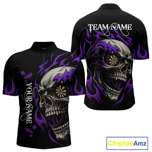 Personalized Purple Flaming Skull Darts Shirt For Men Custom Darts Jersey Team Polo & 1/4 Zip TDM4764
