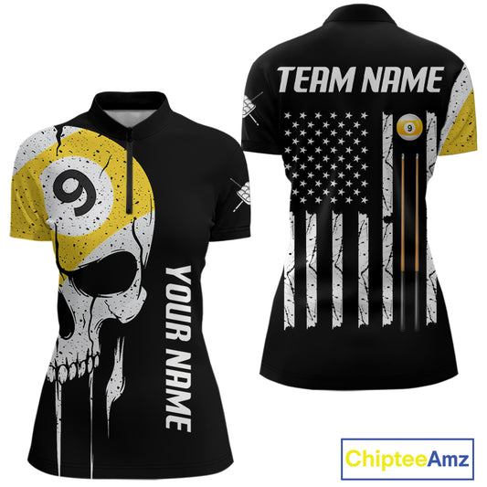 Personalized 9 Ball Skull Billiard Shirt For Women, American Flag Pool Team Jerseys TDM4257