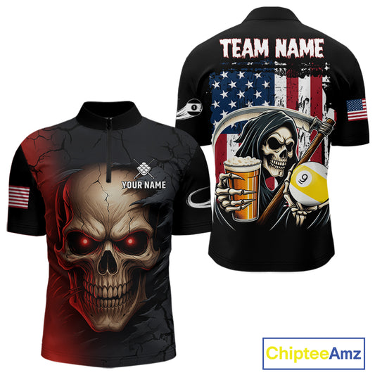 Custom Blue Flaming Grim Reaper 8 Ball Pool Billiard Shirt For Men, Funny Skull Pool Team Jersey TDM4280