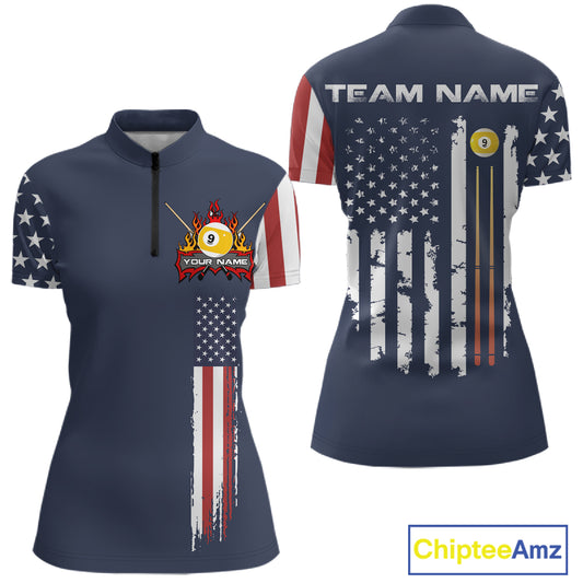 Personalized American Flag Blue Navy 9 Ball Pool Team Shirt For Women Custom Patriotic Billiard Shirt TDM4735