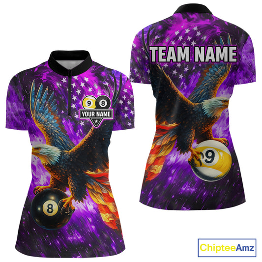 Personalized Purple Flaming US Flag 8 Ball & 9 Ball Eagle Billiard Shirt For Women, Pool Team Jersey TDM4436
