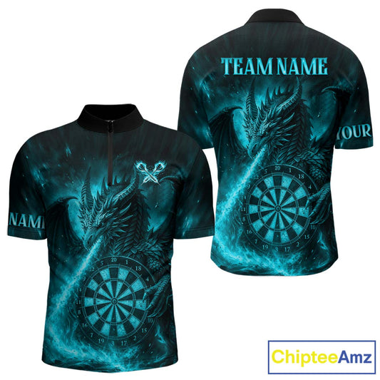 Turquoise Flaming Dragon Darts Jersey For Men Custom Polo & Quarter Zip Darts League Team Shirt TDM4587