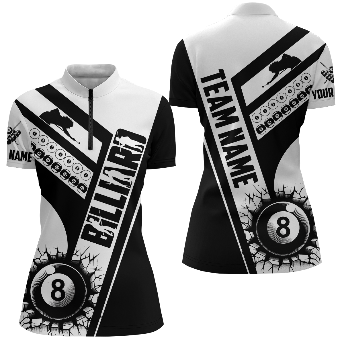 Custom Black White Cracky Billiard 8 Ball Pool Women Quarter-Zip, Unique Pool Balls Shirts TDM0954