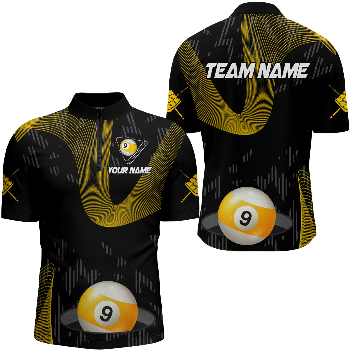 Customized Yellow Black 9 Ball Pool 3D Printed Billiard Shirts For Men, 9 Ball Billiard Jerseys TDM1938
