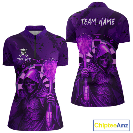 Personalized Purple Grunge Grim Reaper Darts Shirt For Women Custom 3D Darts Jersey Polo & 1/4 Zip TDM4742