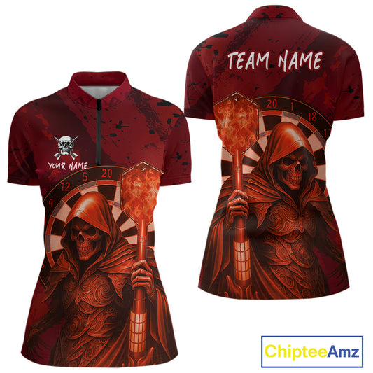 Personalized Red Grunge Grim Reaper Darts Shirt For Women Custom 3D Dart Team Jersey Polo & 1/4 Zip TDM4744