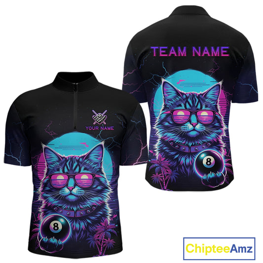 Funny Cat Neon 8 Ball Billiard Shirt For Men Custom Pool Team Shirt, Billiard Jersey Polo & 1/4 Zip TDM5512