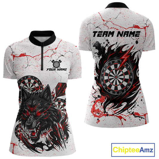 Personalized White Grunge Wolf Darts Shirt For Women Custom Darts Team Jersey Polo & 1/4 Zip| Red TDM5281