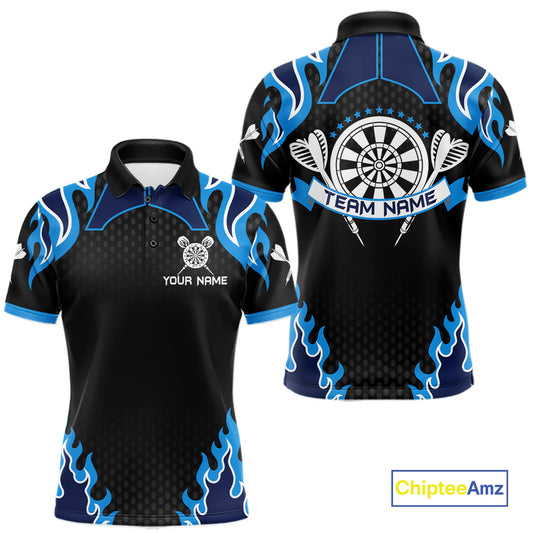 Black And Blue Flaming Darts Jersey Polo & Quarter Zip Custom Darts Team Shirt For Men TDM6146