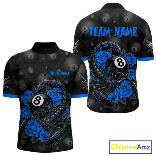 Black Blue 8 Ball Scorpion Roses Billiard Shirt For Men Custom Pool Team Shirt, Billiard Jersey TDM5346