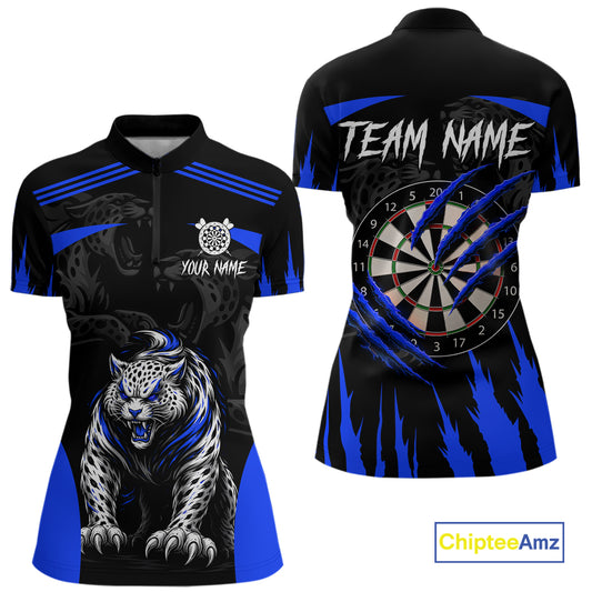 Black And Blue Custom Leopard Darts Shirt For Women, Darts Team Jersey Polo & Quarter Zip TDM5626