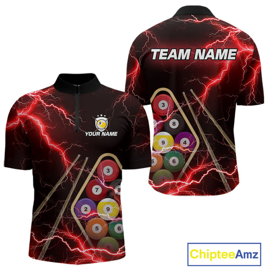Red 9 Ball Thunder Lightning Billiard Shirts For Men Custom 9 Ball Pool Team Jersey Polo & 1/4 Zip TDM5635