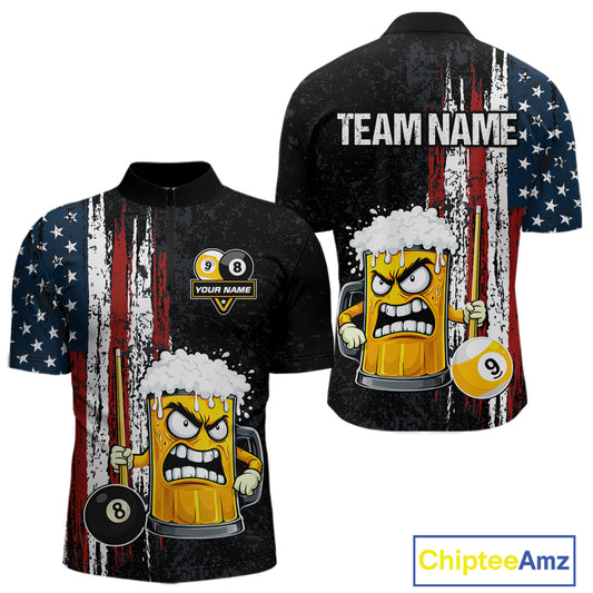 Funny Angry Beer 8 Ball & 9 Ball Billiard Shirt For Men Custom American Flag Pool Team Jersey TDM5636
