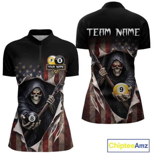 Grim Reaper 8 Ball & 9 Ball Pool American Flag Billiard Shirt For Women Custom Billiard Team Jersey TDM5638