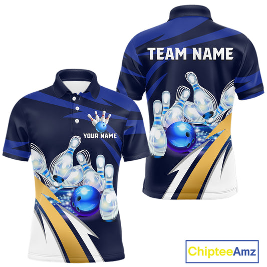 Personalized Blue Strike Ball Bowling Shirt For Men Custom Team Bowling Jersey Polo & 1/4 Zip TDM6243