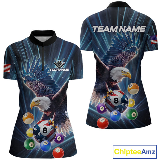 Blue 8 Ball US Flag Eagle Lightning Billiard Shirt For Women Custom Pool Team Jersey Polo & 1/4 Zip TDM5375