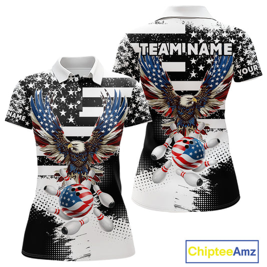Custom Bowling Shirts For Women, Grunge Eagle American Flag Bowling Jersey Team Polo & 1/4 Zip TDM6545