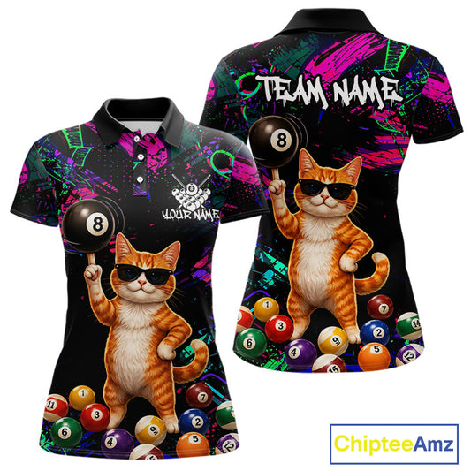 Custom Funny Cat Graffiti 8 Ball Pool Billiard Shirts For Women, Billiard Team Jersey Polo & 1/4 Zip TDM6558